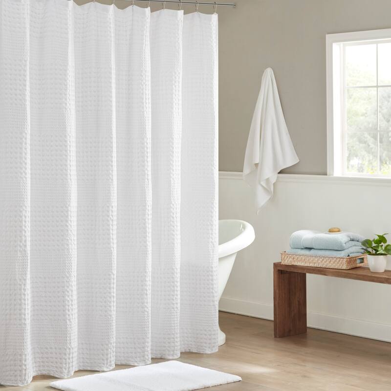 White 100 Cotton Waffle Patterned Shower Curtain - white