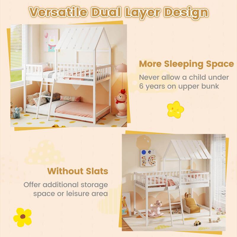 Costway Twin Over Twin House Bunk Bed with Roof, Ladder & Full-length