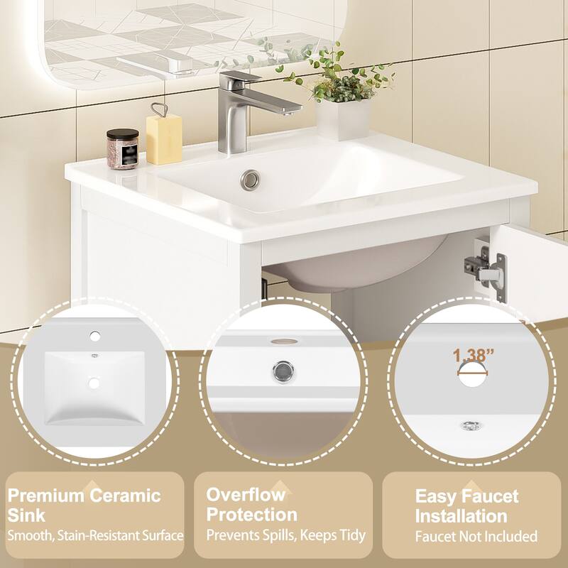 20" Small Bathroom Vanity with Ceramic Sink, Freestanding Storage Cabinet with Soft Close Drawer and Door Organizer