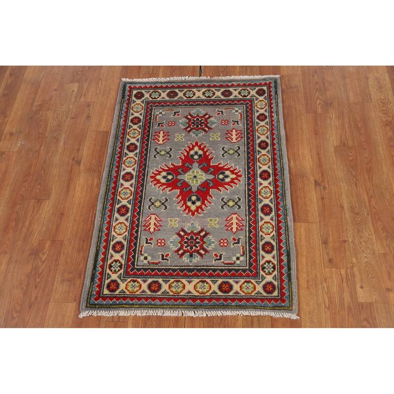 Geometric Kazak Oriental Accent Rug Grey Hand-Knotted Wool Carpet - 2'0" x 3'0"