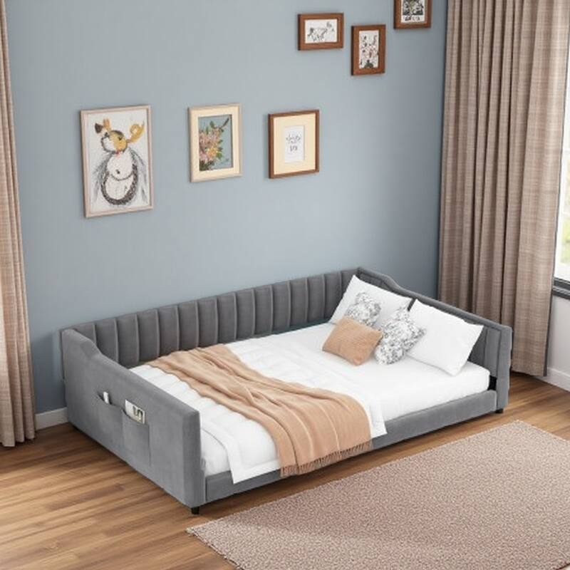 Full XL Velvet Upholstered Daybed with Vertical Channel Tufting and Side Storage Pocket, No Box Spring Needed, Modern Sofa Bed - Gray