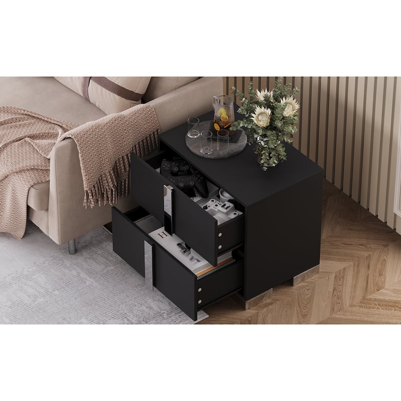 Modern End Table with Drawers, Elegant Nightstand with Metal Foot,Wood Bedside Table with Mirrored Metal Handles