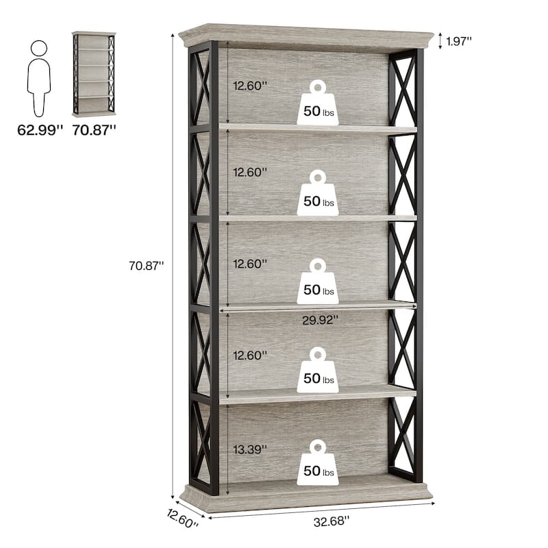 71-inch Tall 6-tier Industrial Bookcase - 11.8"D x 31.5"W x 70.86"H