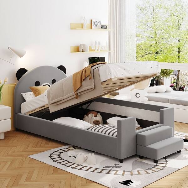 slide 2 of 34, Twin Size Hydraulic Storage System Pine Wood Daybed, Velvet Sofabed Frame with Bear Shaped Headboard & Breathable Mesh Fence Gray - Twin