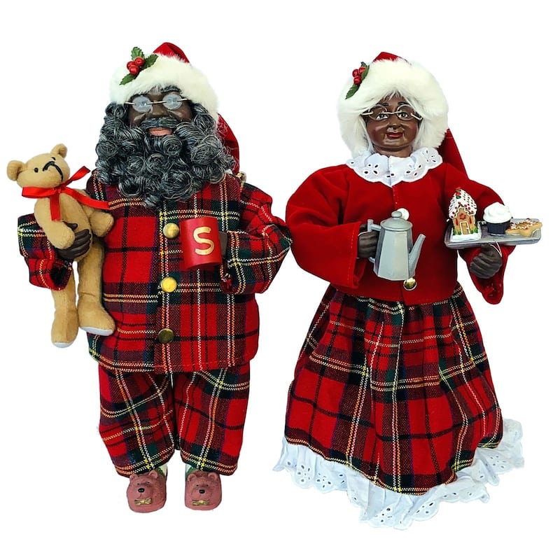 2 Mr. Mrs. Claus Plaid Pajama African American Christmas Figurines 15"