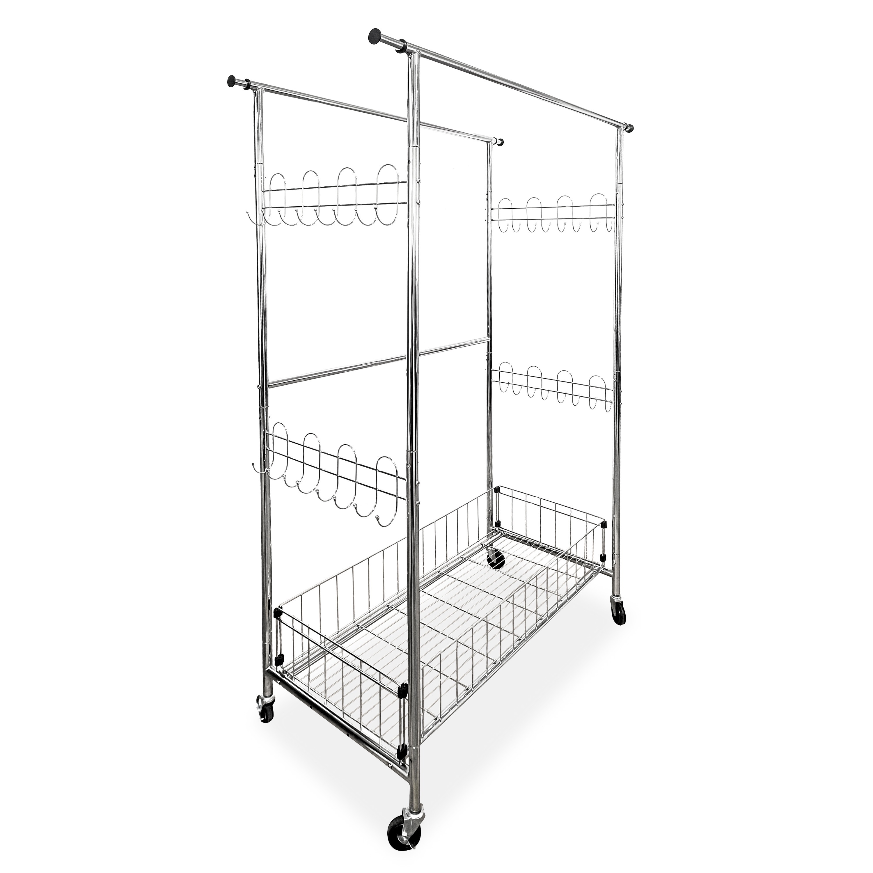 Innovaze Multi-Function Rolling Clothes Rack with Extendable Rods, Storage Shelf & Hooks