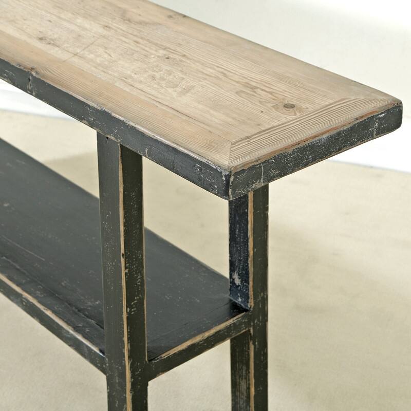 Reclaimed Pine Wood Song Console Table w/Shelf, 71 Inch Long, Antique Black Finish