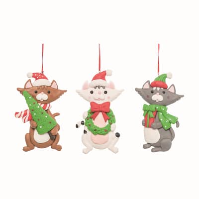 Transpac Plastic Christmas Cat Ornament Set of 3 Christmas Home Decorations - Multicolor