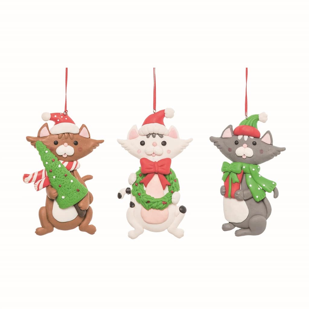 Transpac Plastic Christmas Cat Ornament Set of 3 Christmas Home Decorations - Multicolor