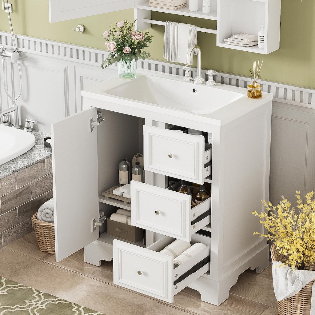 30-Inch White Bathroom Vanity with Ceramic Undermount Sink, Soft-Close Drawers & Adjustable Shelves - 18in L Solid Wood+MDF