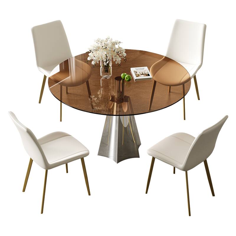 5-Piece Round Dining Table Set, 35 Inch Tempered Glass Top with Silver Base & 4 Ergonomic Chairs for Small Space