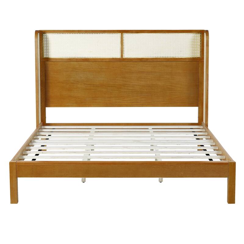 King Size Platform Bed Frame with Headboard, Mid Century Modern Design, Natural Finish