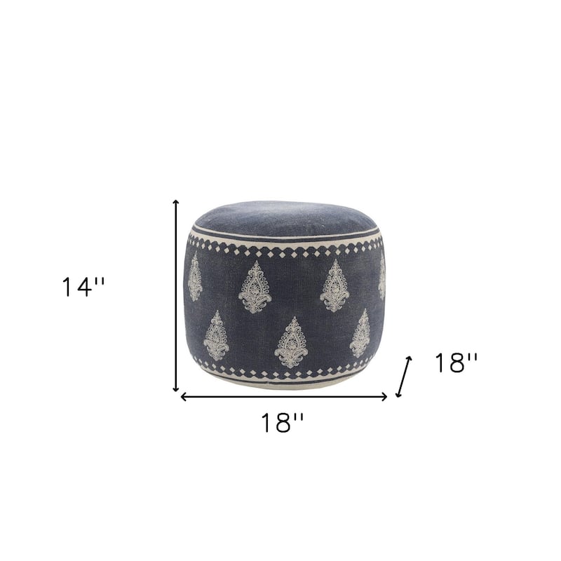 18" Blue Cotton Cylinder Paisley Pouf Ottoman for Footrest and Seating