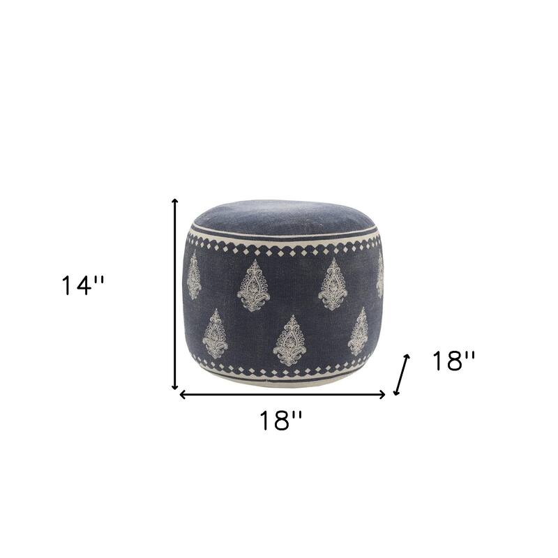 HomeRoots 18" Blue Cotton Cylinder Paisley Pouf Ottoman