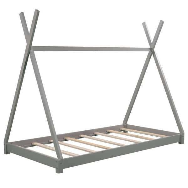 slide 2 of 9, Wooden Twin Size House Platform Bed with Triangle Structure, Solid Wood Kids Bed Frame for Girls or Boys, No Box Spring Needed Gray - Twin