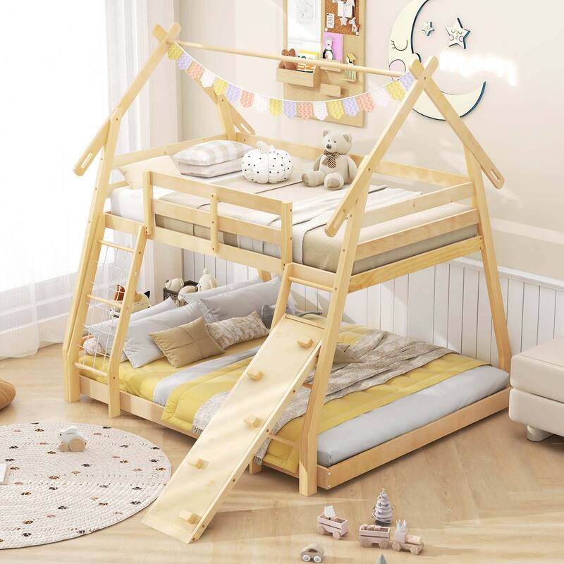Costway Twin Over Queen Bunk Bed House Shaped Bed Frame with Climbing - See Details