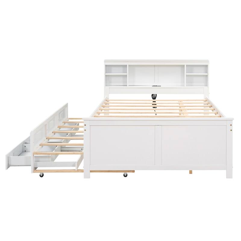 Twin/Full Size Storage Platform Bed with Bookcase Headboard and 3 Drawers, Wood Platform Bed with Twin Size Trundle and USB Port