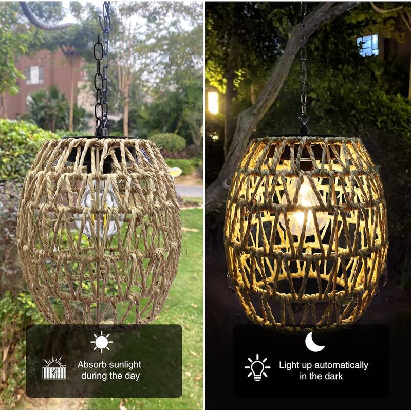 Twine hooks hanging lamp brown, beige solar light rattan, bamboo porch light
