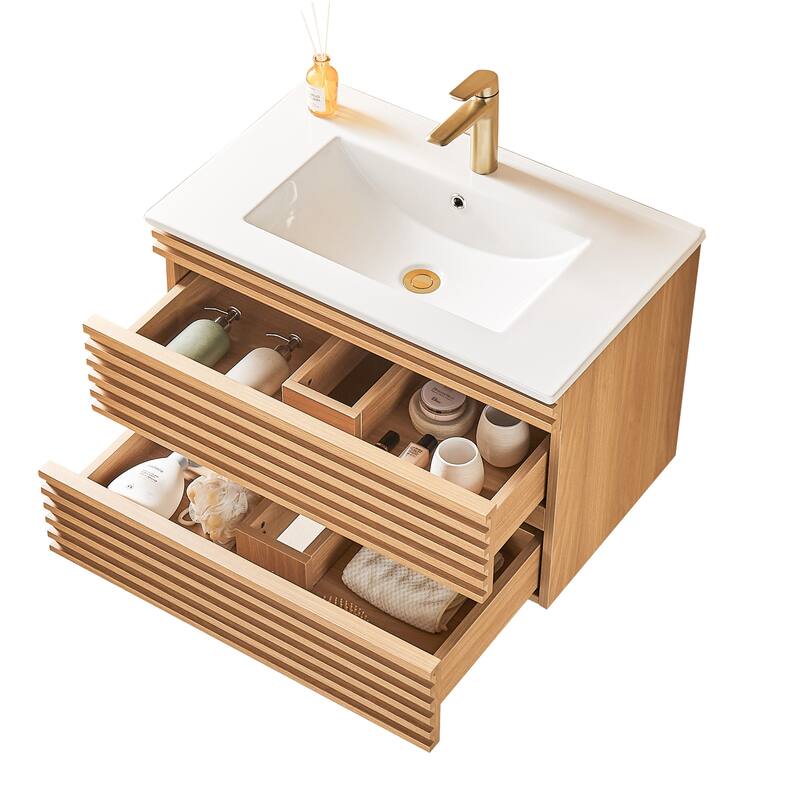 Modland 30" Wall Mount Bathroom Vanity with Ceramic Sink - 2 Soft-Close Drawers, Silk Mist Oak - 30 inch