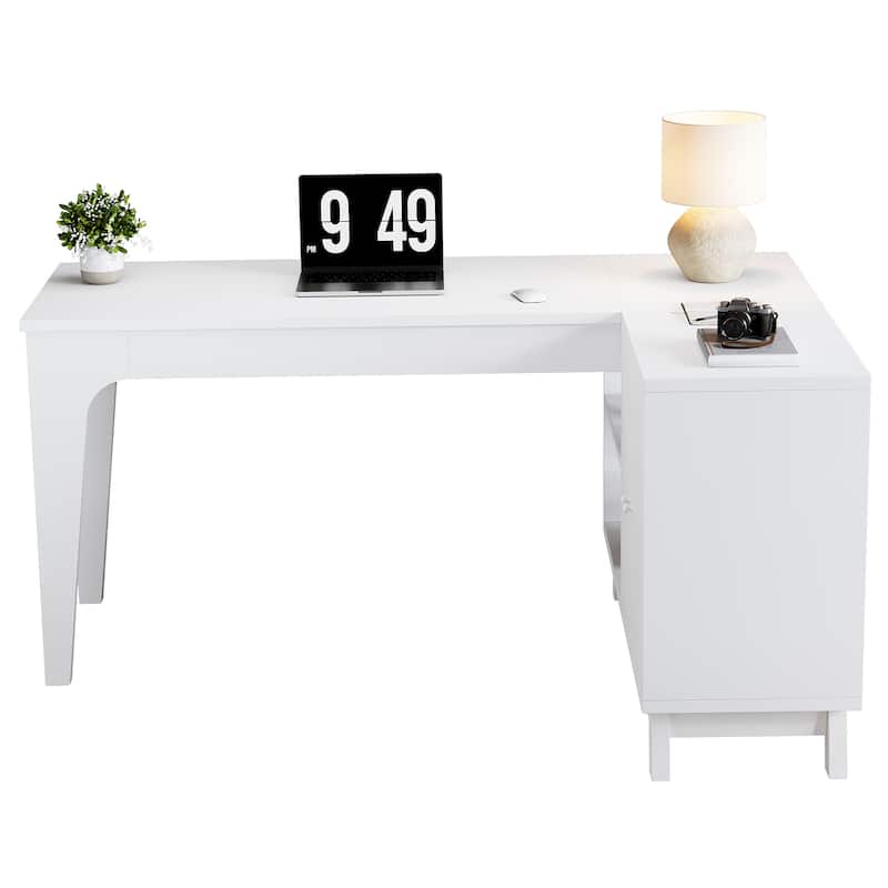 L-Shaped Desk with Storage Cabinet, 57-Inch Wood Corner Workstation