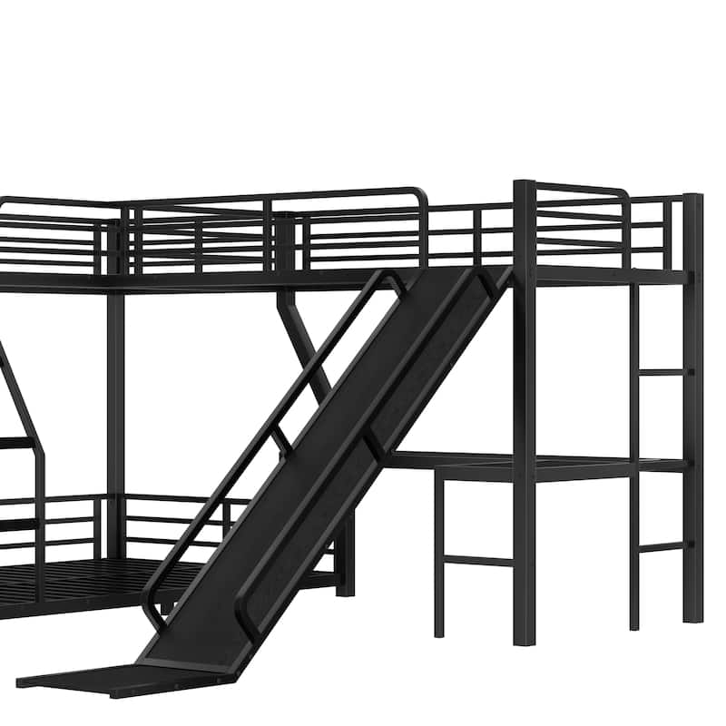 L-Shaped Twin over Full Bunk Bed with Twin Size Loft Bed, Metal Triple Bunk Bed with Slide and USB Ports, Space-saving