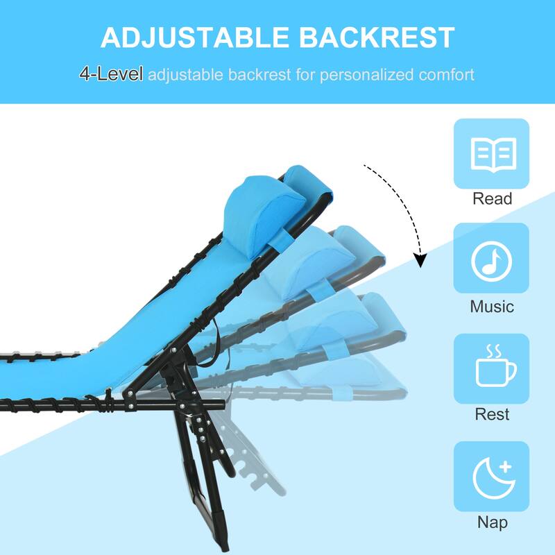 Patio Folding Chaise Lounge, Outdoor Sun Tanning Chair with 4-Position Reclining Back, Pillow, Breathable Mesh and Bungee Seat