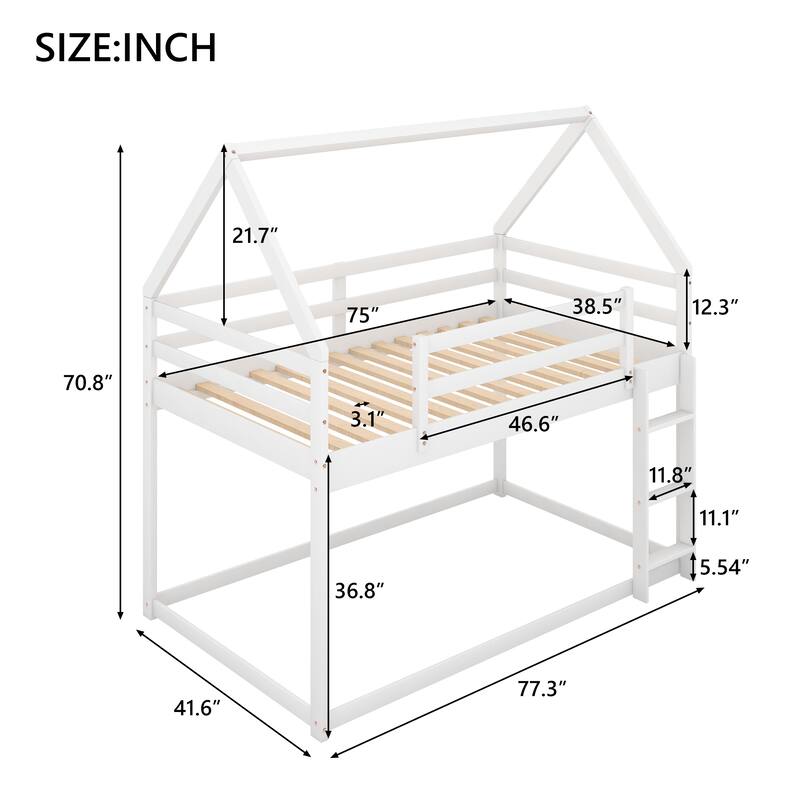 Twin over Twin Low Bunk Bed House Frame with Ladder, Kids Wooden Bunk Bed, Pine Wood and MDF, No Box Spring