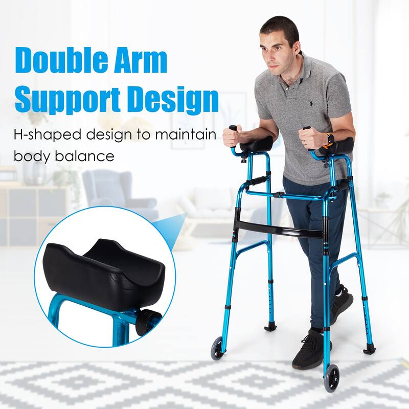 Costway Folding Wheel Walking Frame Adjustable Alloy Walker W/Armrest - See Details