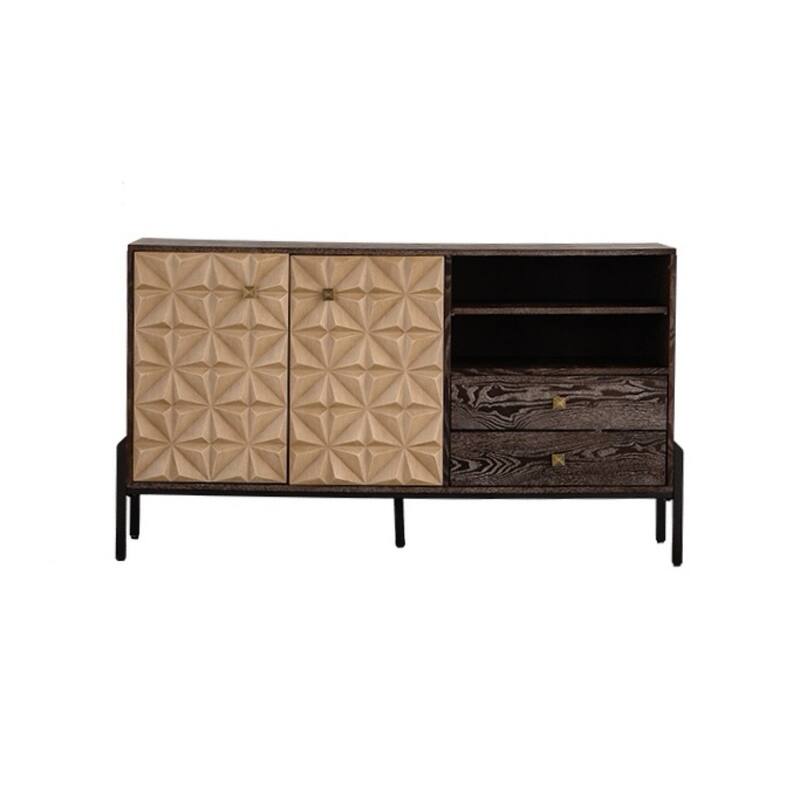 Roomfitters Modern Solid Wood Sideboard Cabinet, Geometric Pattern Storage Console with 2 Doors and Open Shelves, Natural