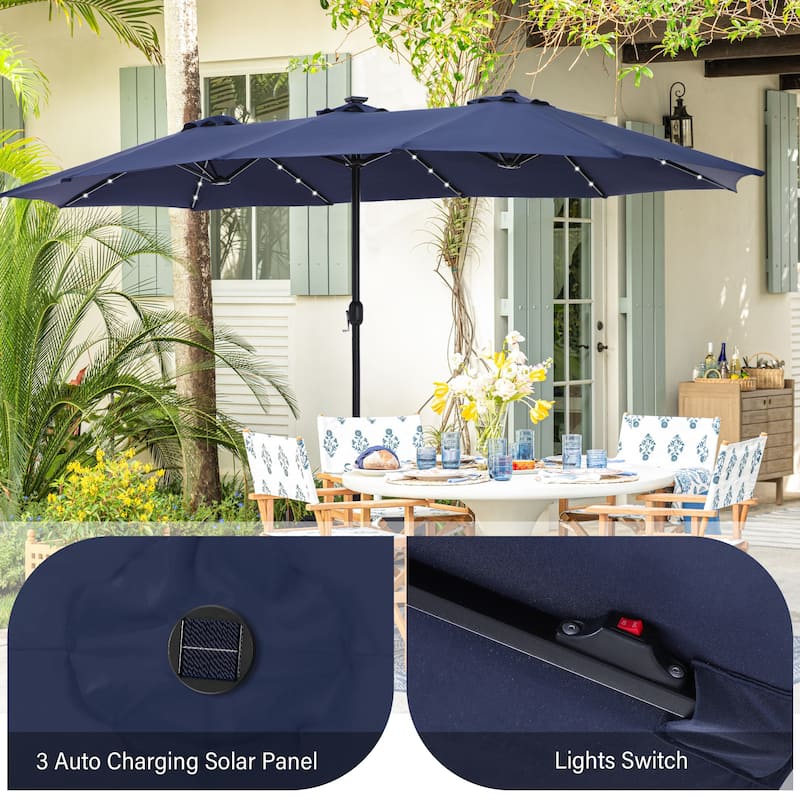 15-foot Rectangular Crank Double-sided Outdoor Market Umbrella Solar LED Lighted Patio Umbrella with Base Included