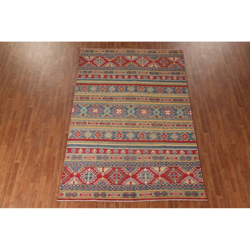 Striped Kazak Oriental Area Rug Handmade Wool Carpet - 6'7" x 9'10"