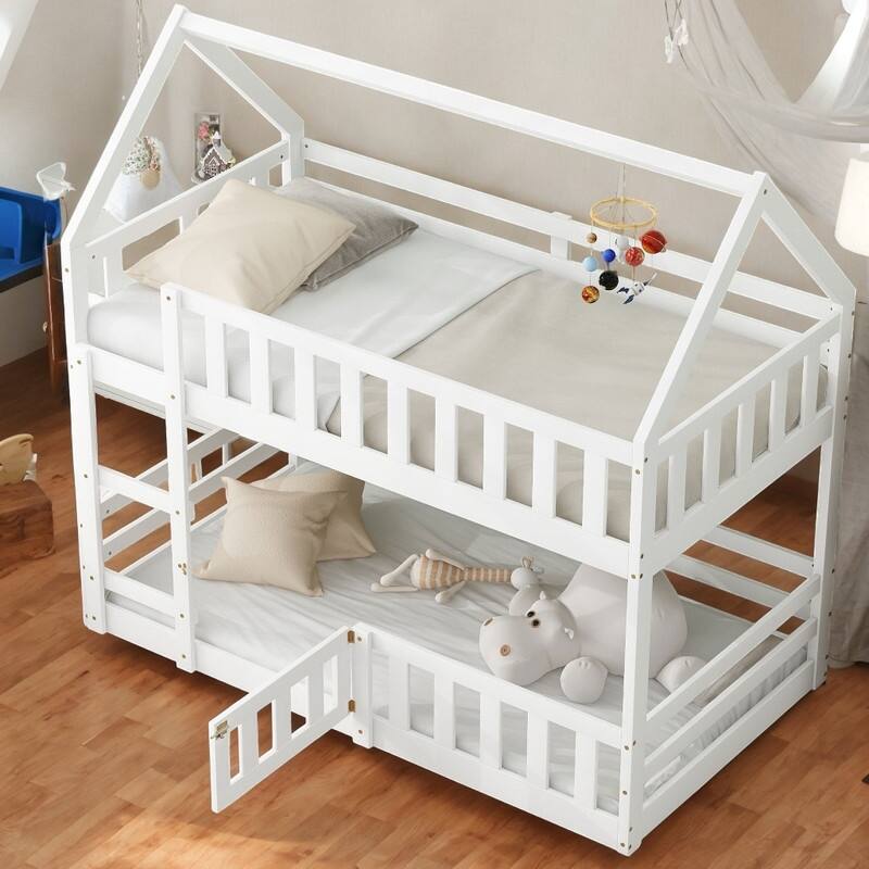 Twin over Twin House Shape Bunk Bed with Sky Roof, Pine Wood Kids Loft