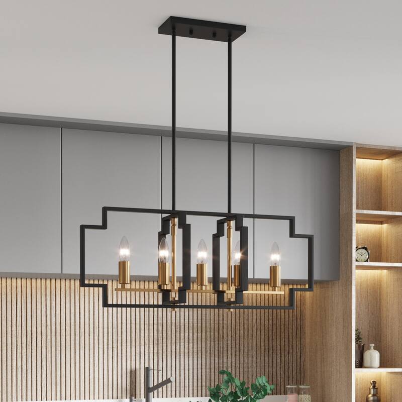 Maxax 5 - Light Kitchen Island Chandelier with Wrought Iron Accents - Black&Gold