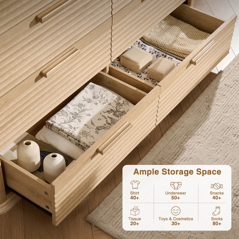 Fluted 8 Drawer Dresser, 52" Wide Modern Wood Dresser for Bedroom, Chest of Drawers with Curved Profile Design