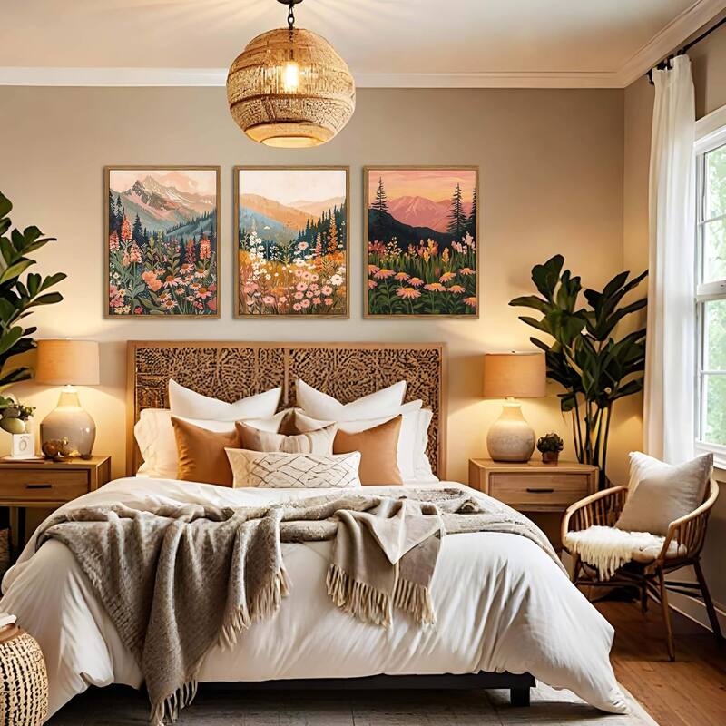 Colorful Mountain Wall Art Set of 3, Vintage Wildflower Landscape