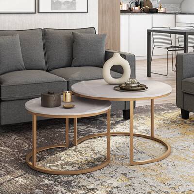 Fort Worth Round Nesting Coffee Table, White/Gold
