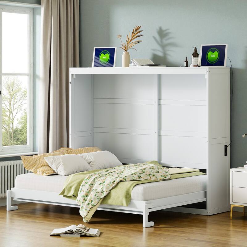 Full/Queen Size Murphy Wall Bed with Cabinet, Space-Saving Fold-Out Bed with Slat Support, No Box Spring Needed