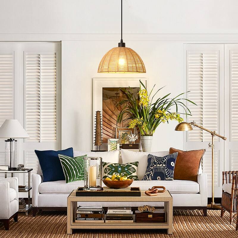 1-Light Dome Hanging Pendant Light Chandelier with Paper Rattan Shaded for Kitchen Island