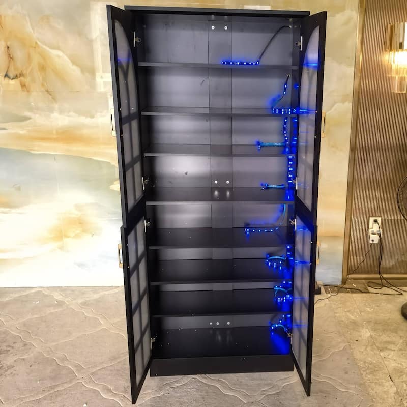 8-Tier Tall Shoe Storage Cabinet with Doors, Led Lights and Adjustable Shelves for Entryway, White - 1-Piece(Black)