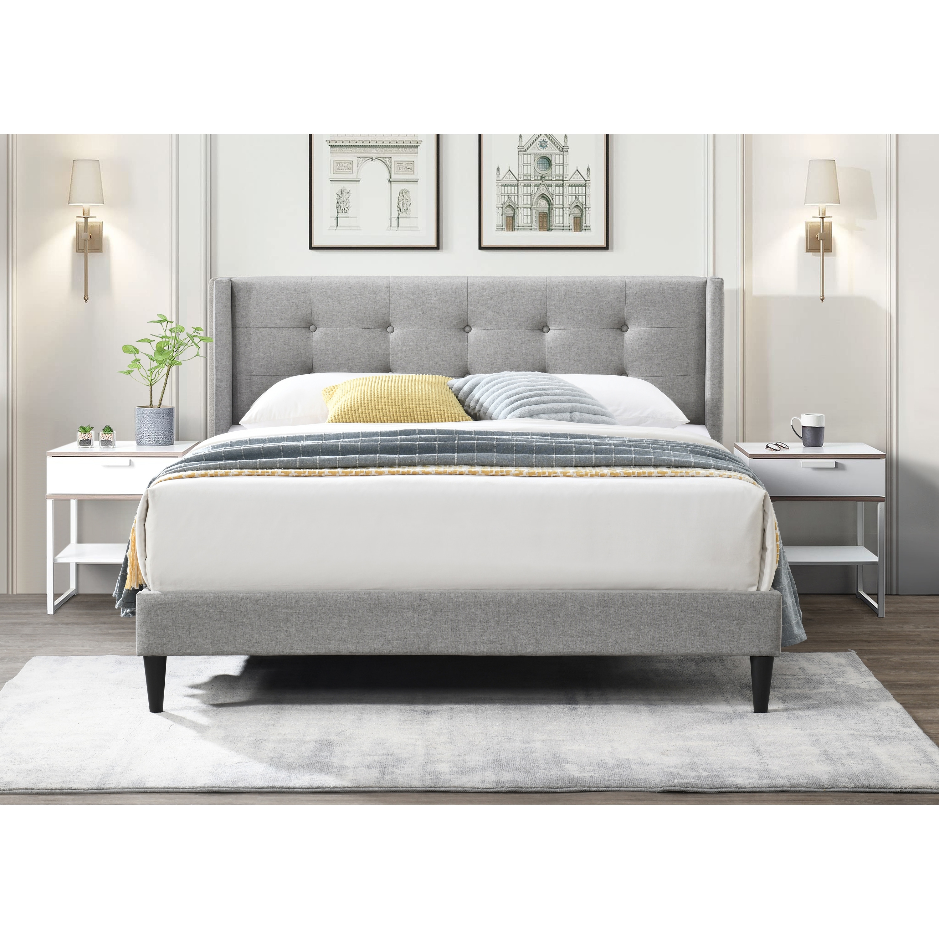 Tufted wingback upholstered deals bed