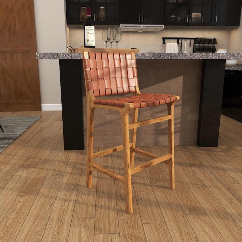 Camel Brown or Black Teak Wood Woven Leather Seat and Back Bar Stool with Beam Footrest