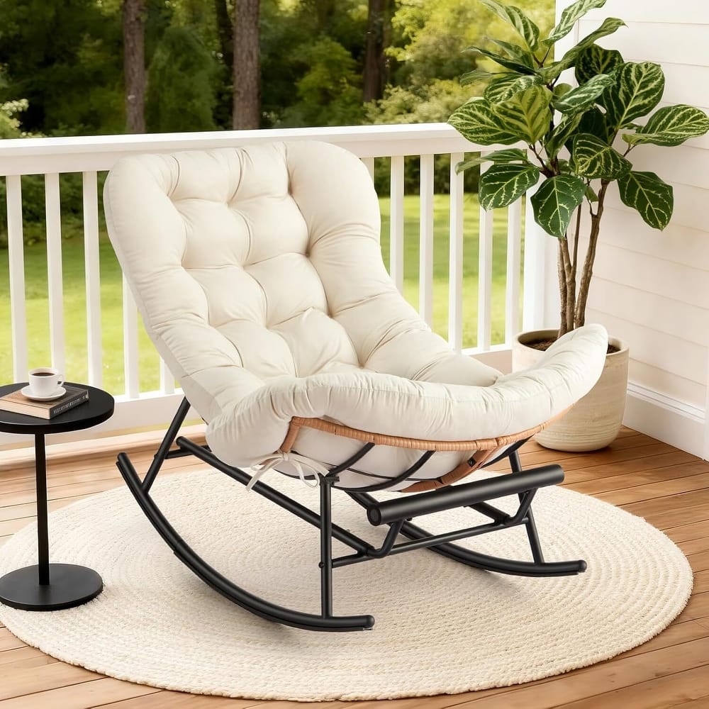 Cozy Papasan Rocking Sofa Chair with Extendable Footrest for Porch, Lawn, Bedroom and Living Room
