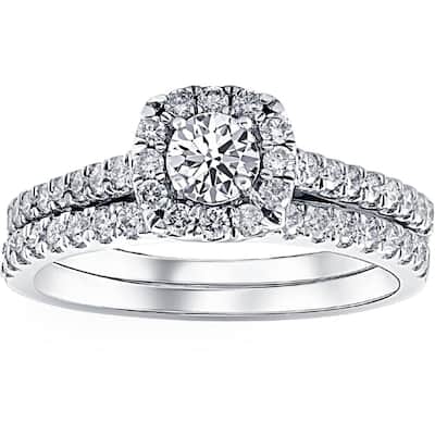 1ct Cushion Halo Lab Created Diamond Engagement Wedding Ring Set 14K White Gold