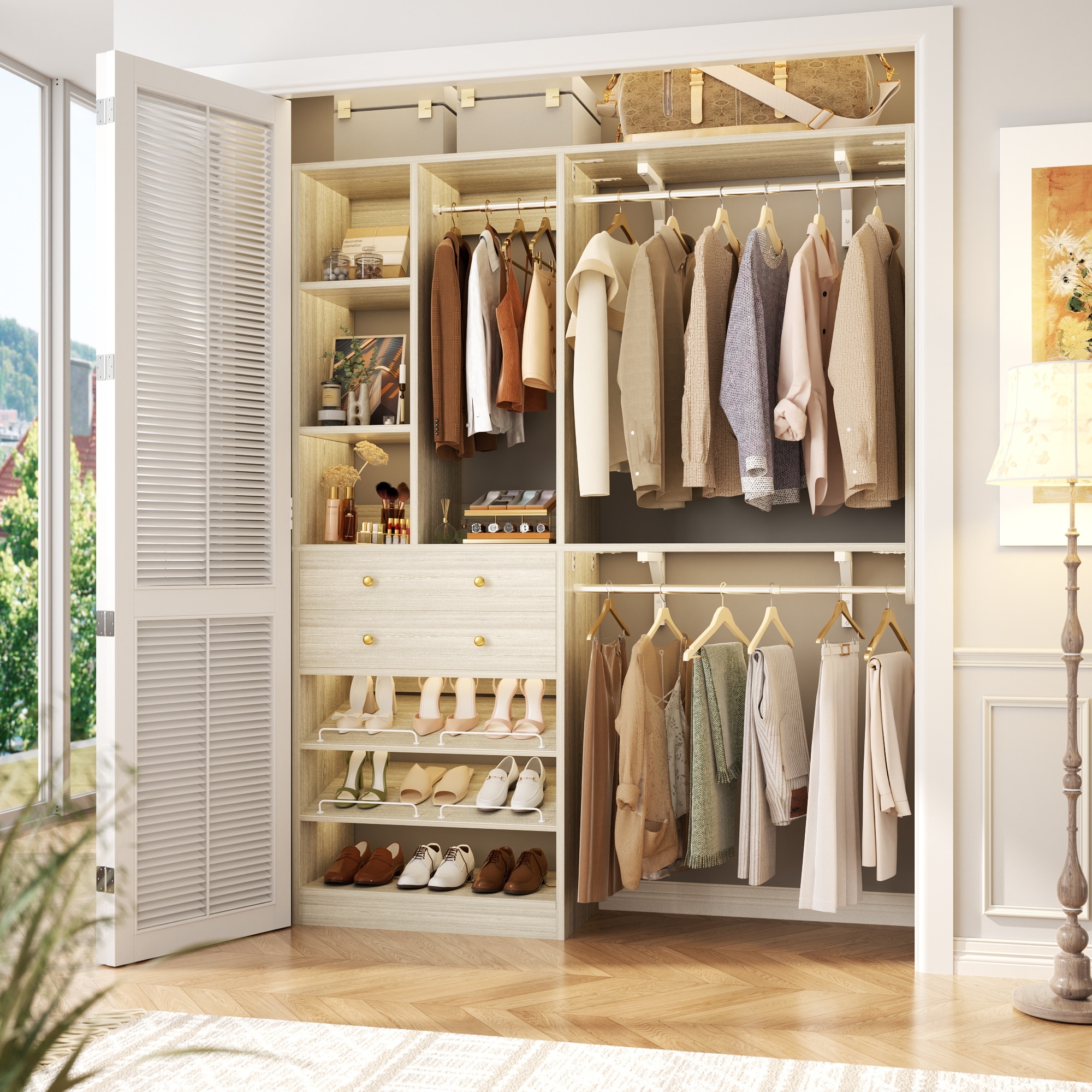 Grimm 5FT Small Closet System with Drawers, 60" Closet Organizer System with Reversible Hanging Shelving