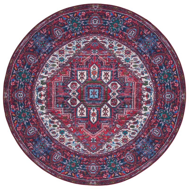 SAFAVIEH Tucson Machine Washable Slip Resistant Heide Oriental Rug - 6' Round - Red/Blue