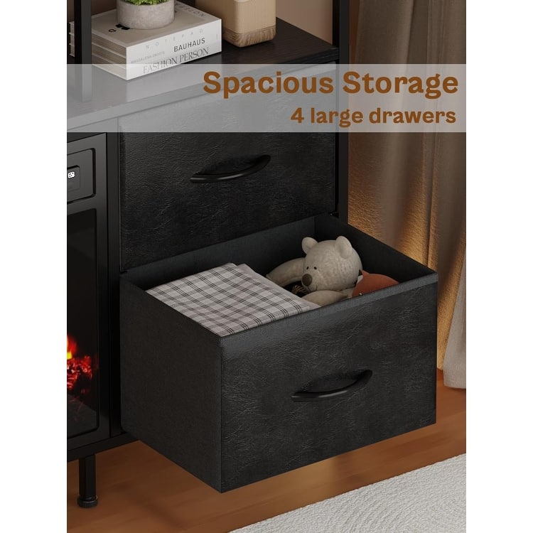 BOSSIN Fireplace TV Stand & Entertainment Center with LED Lights, 4 PU Leather Drawers, Open Shelves, and Built-in Power Outlets