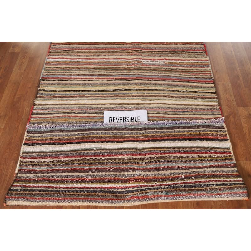 Striped Kilim Persian Vintage Rug Hand-Woven Wool Carpet - 3'9"x 6'1"