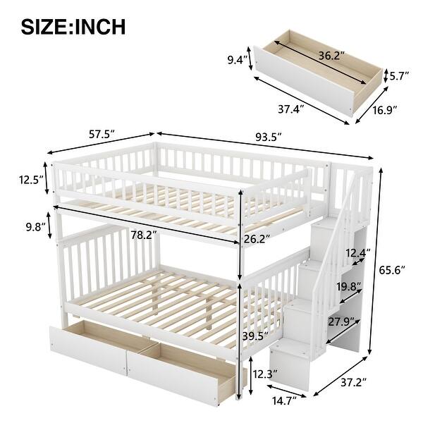 Modern Full over Full Bunk Bed with Storage and Two Drawers with wheels, Inclined Handrails, Upper High Guardrail, White