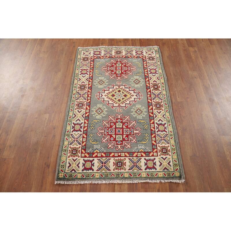 Geometric Kazak Foyer Rug Handmade Grey Wool Handmade Wool Carpet - 2'8" x 4'2"