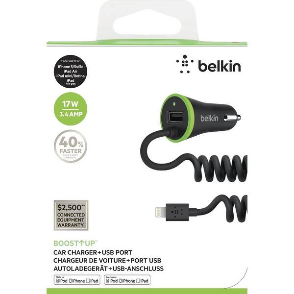 Belkin Car Charger Dual 3 4a W Attached Lightning Cable For Iphone 8 7 Black